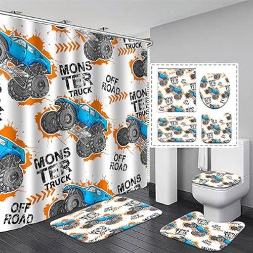 Monster Truck Shower Curtain Boys Bathroom Sets, Cartoon Car Shower Curtains With Rugs 4 Pieces Kids Bathroom Decor, Waterproof Toddler Monster Vehicle Curtain Mat for Restroom Toilet Bath Decorations