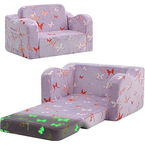 MeMoreCool Kids Couch, Glow Dark Butterfly Fold Out Sofa, Girls, Lavender