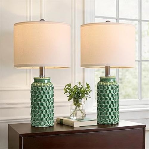 USumkky 20.5" Ceramic Table Lamps Set of 2 - Modern Farmhouse & Boho Style, Bedside Nightstand Lamps for Bedroom, Living Room End Table Lamps, Small Desk Lamp(Green)