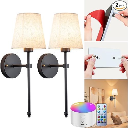 Battery Operated Wall Sconce Set Of Two with Remote Control, Indoor Not Hardwired Dimmable Battery Operated Wall Sconce Light Fixture with Fabric Linen Shade For Bedroom Living Room, Bulb Included ( C