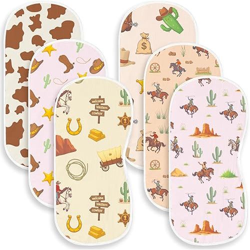 6 Pack Western Burp Cloths Baby Boys Girls with Cowboy Pattern, Large Cotton Wild West Burp Rags for Newborns Gifts Nursery Decor Extra Soft and Absorbent 9.8X19.6inches