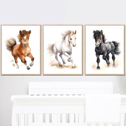 Baby Horse Nursery Wall Art Prints Girl Bedroom Decor boy Kids posters set of 3 Canvas Printable Digital home pictures cute house pictures