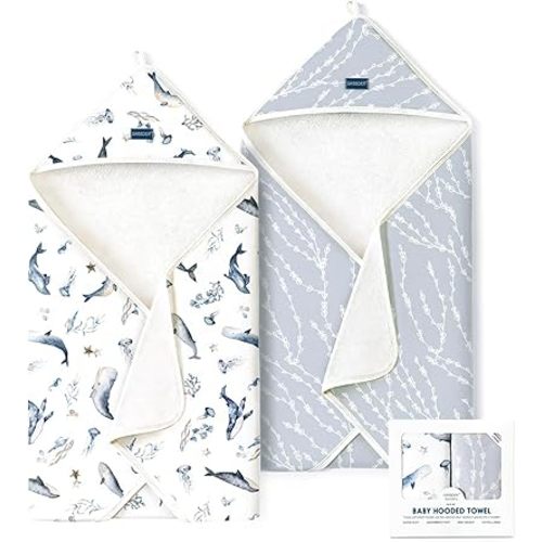 GRSSDER Baby Hooded Towel 2 Pack for Newborn, Super Soft Bath Towels with Original Designs, Ultra Absorbent Knit Terry, Large Toddler Towels with Hood for Boys Girls, Shower Gifts for Infant,34"x 34"