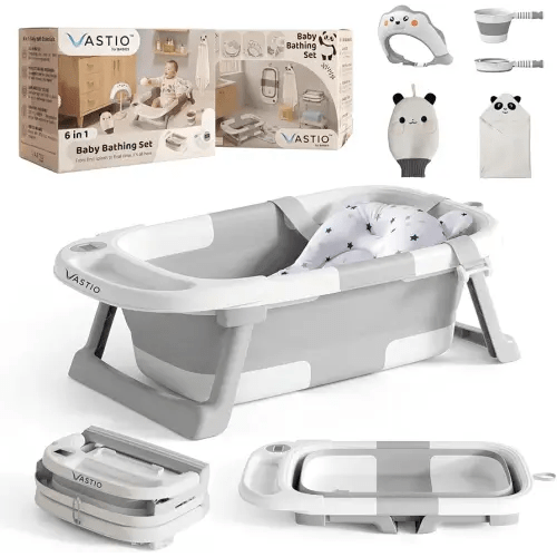 VASTIO™ 6-in-1 Collapsible Baby Bathtub Set – Foldable Baby Bath Tub for Newborn to Toddler, Portable Baby Bath Set with Cushion, Cap, Sponge, Rinse Cup & Towel – All-in-One Baby Bathing Essentials