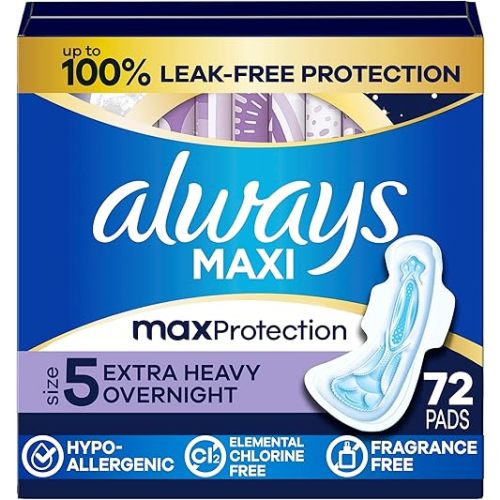 Always Maxi Overnight Pads with Wings, Size 5, Extra Heavy Overnight, Unscented, 72 Count