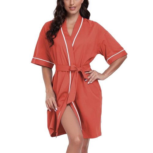COLORFULLEAF Women's 100% Cotton Robes Summer Short Sleeve Bathrobe Knee Length Sleepwear with Pockets