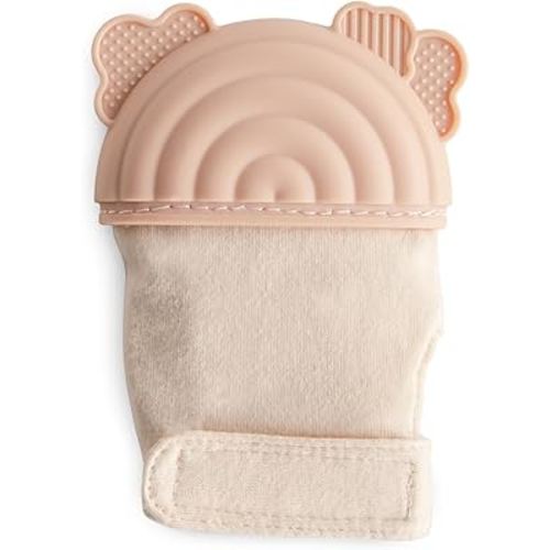 mushie Silicone Teething Mitten for Babies 3 Months+ (Rainbow) | Textured Silicone & Sensory Fabric with Adjustable Strap
