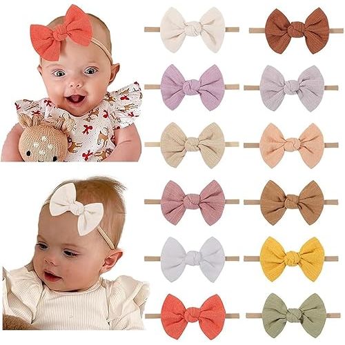 Baby Girl Linen Hair Bow Nylon Headband 12PCS, Soild Color Bow Hair Band, Handmade Head Accessories for Infant Newborn Toddlers Kids