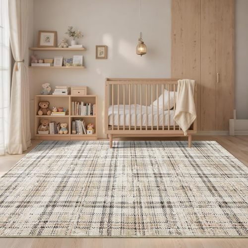 GarveeHome Washable Rugs 8 x 10 Rug for Living Room Modern Plaid Area Rug for Bedroom Neutral Beige Rugs Large Rug Soft Non Shedding Stain Resistant Carpet for Dining Room Office Nursery 8'x10' Beige