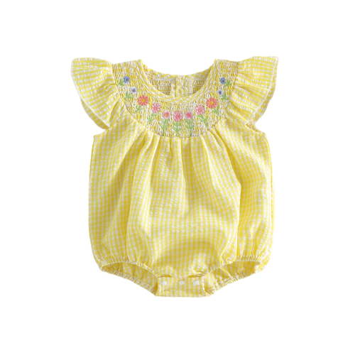 BemeyourBBs Newborn Baby Girls Summer Clothes Plaid Gingham Smocked Bubble Rompers Flower Embroidery Round Neck Fly Sleeve Infant Bodysuits Jumpsuits