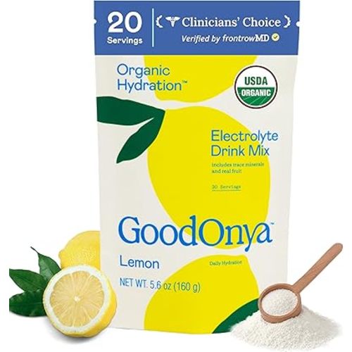 GoodOnya Organic Hydration Electrolyte Drink Mix, Certified Organic Hydration Powder, Non-GMO, Biochecked Glyphosate Free, Low Sugar, Lemonade Flavor, No Artificial Flavors, 20 Servings