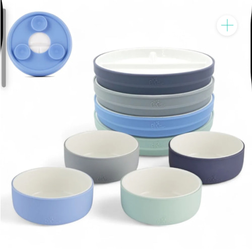 Kids Porcelain Mealtime Bundle | Suction Sleeves | 6.7" Plates + Bowls | 8 Pcs | Sage/Misty Blue/Navy/Gray