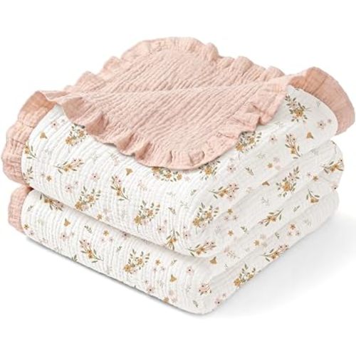 Muslin Baby Blanket for Girls with Ruffled Edges, 41"x41" (Pink)