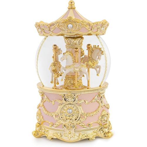 Carousel Music Box Gold & Pink Christmas Snow Globes, 8.3" Rotate Carousel Snow Globe for Kids & Adults, Classic Wind up Musical Snow Globe Birthday Gifts for Women Girls, Carousel Horse Home Decor