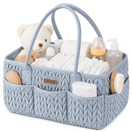 Konssy Baby Diaper Caddy Organizer, Braided Quilted Design with PU Handles | Water-Repellent, Portable Diaper Caddy Basket, Boho Baby Shower Gift, Newborn Nursery Essentials Registry (Baby Denim)