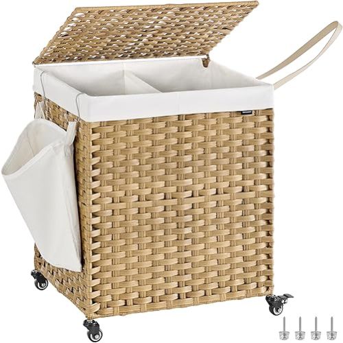 SONGMICS Rolling Laundry Hamper with Lid, 145 L 2-Section Synthetic Rattan