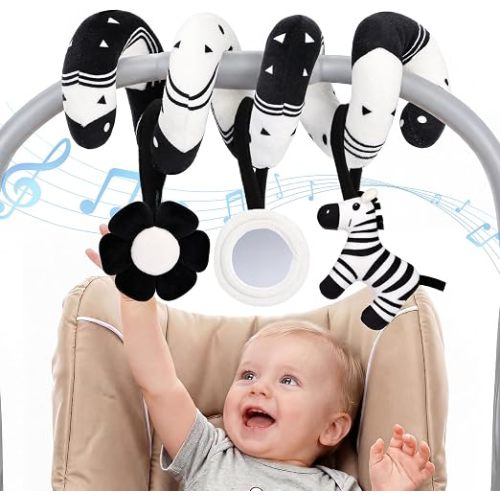 URMYWO Spiral Car Seat Baby Toys 0-6 Months, High Contrast Black and White Sensory Toys for Newborn, Infant Hanging Stroller Toy with Zebra Rattle, Squeaky Flower & Mirror, Shower Gift Essentials