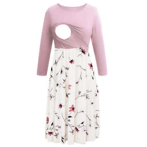Women's Patchwork Maternity Nursing Dress 3/4 Sleeve Dress for Breastfeeding