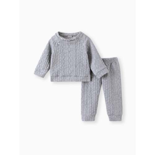 Baby Boy/Girl Clothes 2pcs Solid Knitted Sweatshirt and Pants Set Light Grey