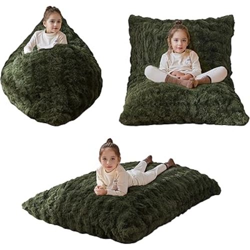 MAXYOYO 3 in 1 Kids Bean Bag Chair Bed, Child Floor Sofa for Gaming, Reading, Convertible Bean Bag Floor Cushion with Machine Washable Cover for Living Room Bedroom, Green