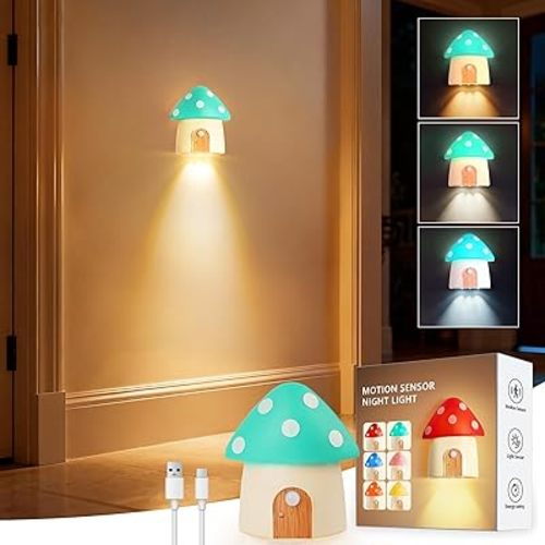 StarryEver Motion Sensor Night Light, Rechargeable Stair Lights Indoor,3 Lighting Modes, Cute Mushroom Design for Kid's Bedroom, Kitchen, Bathroom, Hallway & Stairs - Ideal Home Decor & Gift, Green
