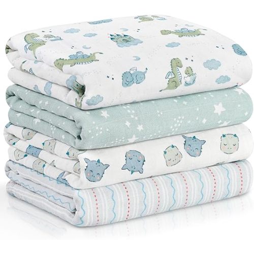 4-Pack Muslin Swaddle Blankets for Newborns | 100% Cotton Breathable Soft, Large 31.5"x43.3" | Multi-Use Stroller Sunshade Nursing Cover & Receiving Blanket, Blue Dinosaur