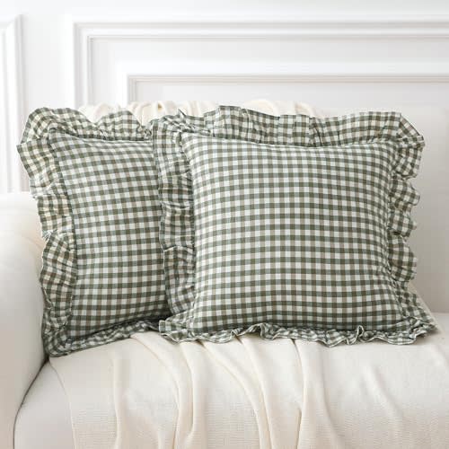 YOKKITA 2 Pack Sage Green White Ruffle Gingham Throw Pillow Covers 18x18 inches, 100% Cotton French Country Rustic Vintage Decorative Bed Pillow Shams (Sage Green/White, 18x18 inches)