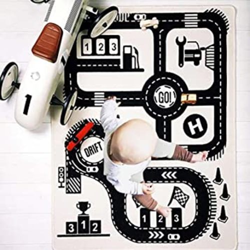 Kids Cotton Playmat Rug 55.11" L x 35.5" W,Baby Toddler Child Floor Road Adventure Racing Carpet, for Bedroom Playroom Classroom Indoor Outdoor