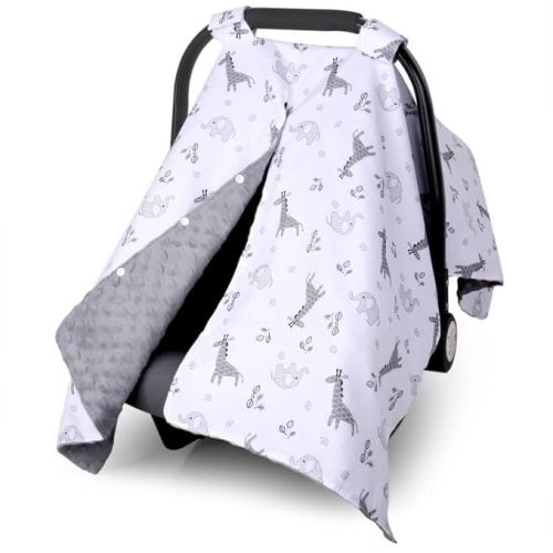 Metplus 2 in 1 Baby Car Seat Cover, Car Seat Canopy for Babies, Mom Nursing Cover, Minky Baby Carrier Covers, Newborn Boy Girl Shower Gift, Elephant Giraffe