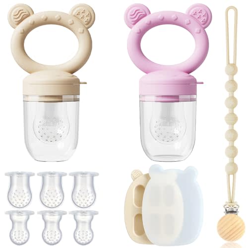 4-Pack Anti-Drop Baby Fruit Feeder Kit with Mini Freezer Tray for Teething | Silicone Food Feeder Pouches for Fresh Food, Breastmilk Popsicles and Purees, Teething Relief and Safe Infant Self-Feeding
