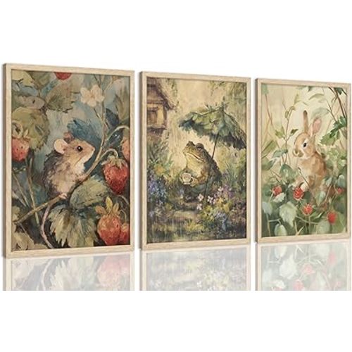 LHHJDIO 3 Piece OAK Wood Framed Wall Art Woodland Wall Decor Animals Canvas Art Mouse Frog Rabbit Pictures Wildlife Paintings Cottage Artwork Vintage Prints For Nursery Children Kids Boys Room