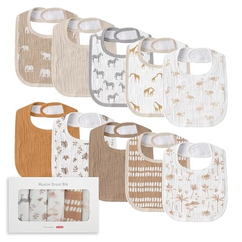 Muslin Baby Drool Bibs for Unisex Boys Girls, 10 Pack Soft Cotton Baby Bib for Teething Drooling, Essentials Shower Gift (10, Brown)