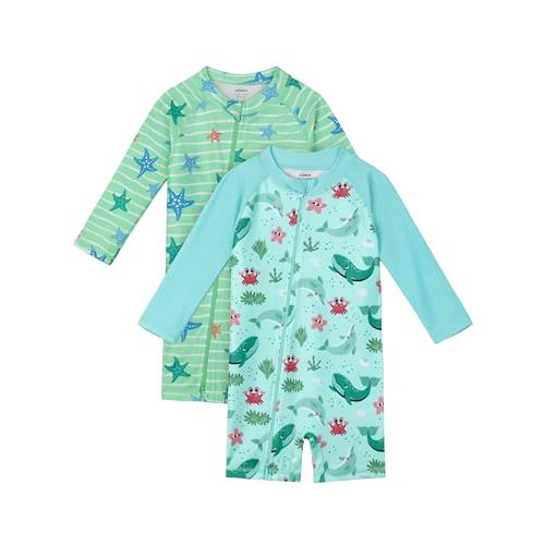 AlisOker 2 Pack Baby Toddler Boys Swimsuits UPF 50+ Sun Protection Long-Sleeve Rash Guards Baby Dry Fit Bathing Suit with Zip