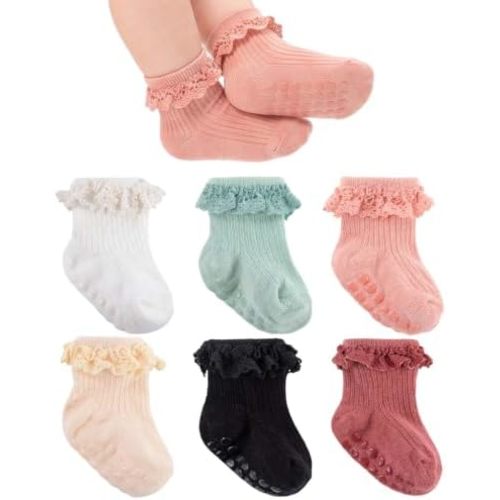 Baby Girl Ruffle Socks Non Slip Grips Cute Cotton Lace Ankle Pageant Dress Socks Newborn Infant Preemie 0-3 Months
