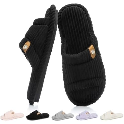 Open Toe Slippers for Women Indoor and Outdoor with Memory Foam Cute Slipper Soft House Shoes Slides Sandals Slip On Gifts for Women Mom Her Ladies Bridesmaid Corduroy