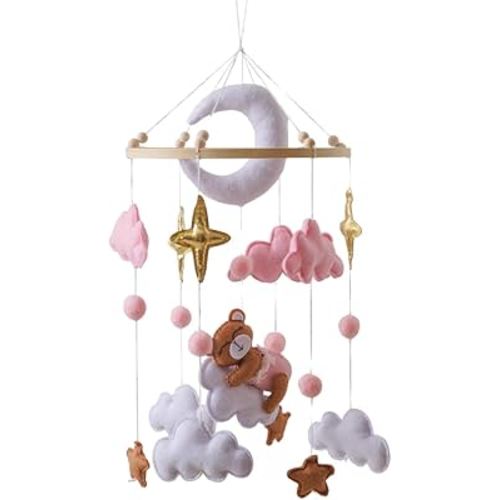 Moon Baby Crib Mobile Baby Nursery Decoration Wooden Crib Hanging Decor Bear Theme Pink Clouds Newborn Soothing Mobile Baby Shower Gift for Boys and Girls Easy to Install and Durable (Bear)