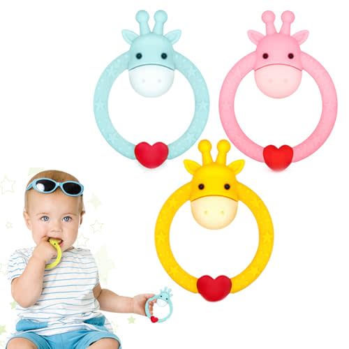3 Pack BPA Free Silicone Giraffe Ring, Valentines Day Gifts Baby Teether, SHARE&CARE Heart Baby Teething Toys for 3 Months Above Infant Sore Gums Pain Relief, Women Gift for Mom, Wife,Her