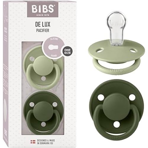 BIBS De Lux Baby Pacifier 2-Pack | Made in Denmark | BPA Free Dummy Soother, Round Nipple. Silicone, OneSize (0-36 Months), Sage/Hunter Green