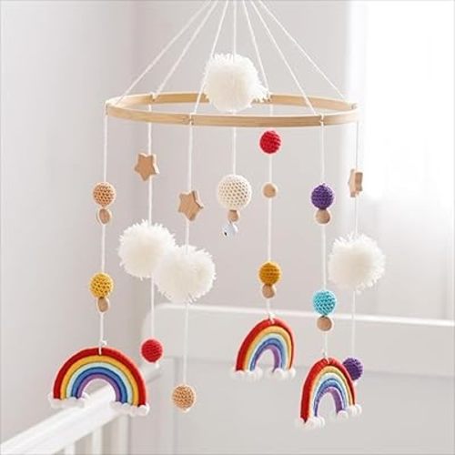 Baby Mobile for Crib Rainbow Theme with Crochet Pom Poms Handmade Wooden Crib Nursery Mobile for Boys Girls Nursery Hanging Decor (B)