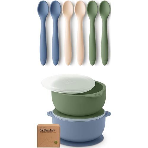 KeaBabies 6-Pack Silicone Baby Spoons and 2-Pack Baby Bowls with Suctions and Lids - Toddler First Food Training Spoon, Silicone Suction Bowls for Boy, Girl