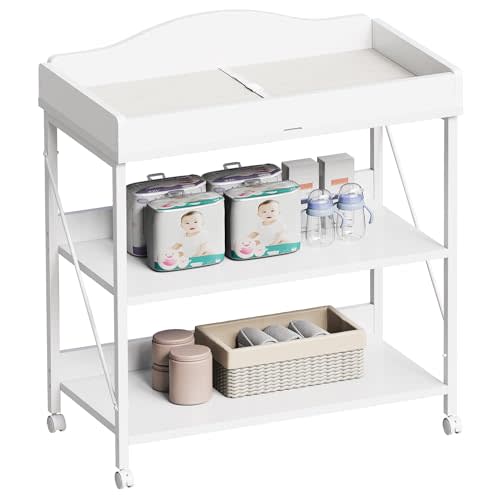 Yetom Baby Changing Table, Diaper Changing Station with Pad and Wheels, Two-Tier Open Storage Shelves, Waterproof Diaper pad & Safety Strap, Compact Baby Furniture for Nursery, White
