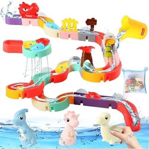 72 PCs Dinosaur Bath Toys for Kids Ages 4-8, Bathtub Water Slide Toys for Toddlers, DIY Building Set with Rubber Dino Bath Toys for Birthday Gifts