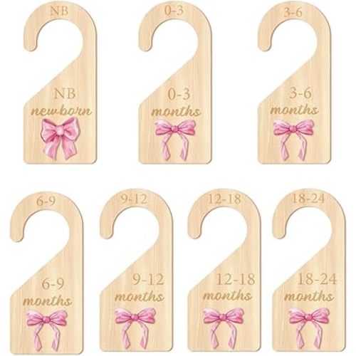 Baby Closet Dividers Girl 7Pcs, Pink Bow Wooden Nursery Closet Dividers, Baby Hanger Organizer by Months for Newborn to 24 Months, Nursery Closet Organizer & Shower Gift