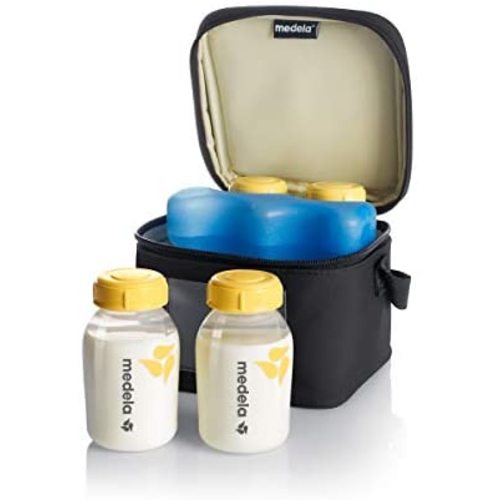 Medela Breast Milk Cooler and Transport Set, 5 ounce Bottles with Lids, Contoured Ice Pack, Cooler Carrier Bag