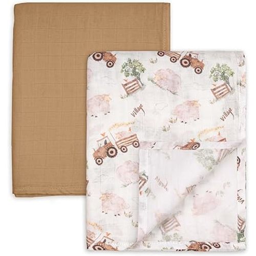 GLLQUEN BABY Muslin Swaddle Blankets Breathable Receiving Blankets (35" x 40") 2-Pack Soft Baby Blankets for Girls and Boys Newborn Essentials Muslin Burp Cloths Swaddle Wrap Baby Gift(Barn Prelude)