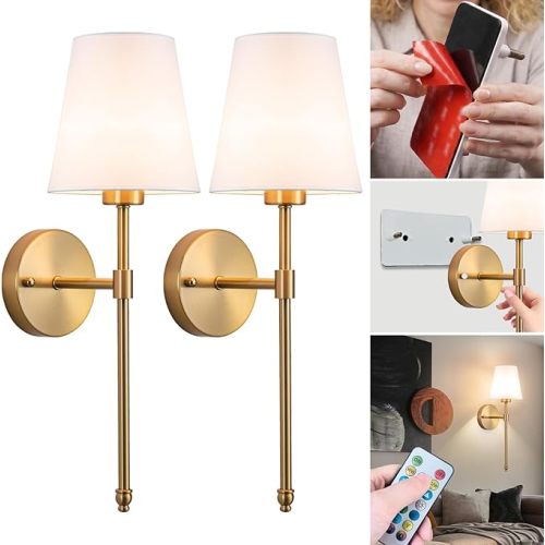 Peel and Stick Wall Sconces, Stick On Wall Sconce Set of 2, Battery Operated Wireless Wall Light, No Drill Adhesive Wall Lamp, Corn Bulb with 10000mAh Rechargeable Battery, Bedroom Wall Decor