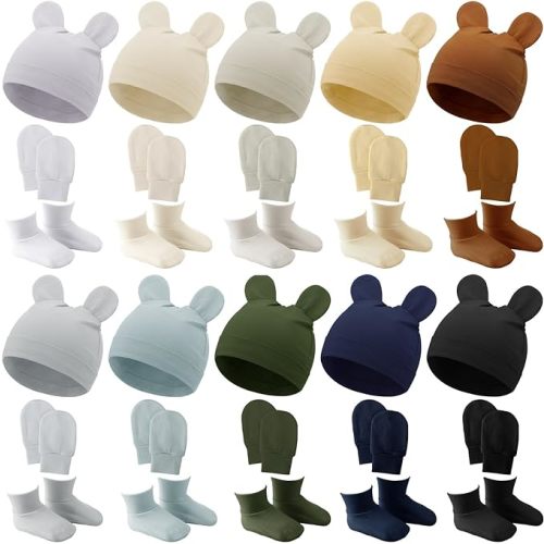 Toulite 10 Set Newborn Baby Socks Hat and Mittens Soft Ankle Sock Newborn Beanie Mitten for Boys Girls Infant