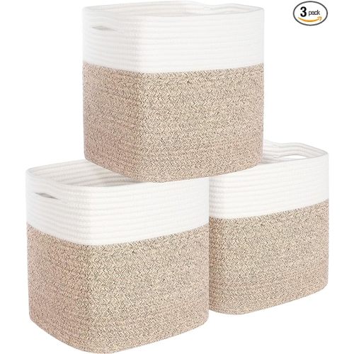 3-Pack 11x11in Woven Cube Storage Bin and Shelf Baskets, Cute Decorative Square Organizer for Closet, Classroom, Bathroom, Dog and Cat Toys, and Books, Light Brown