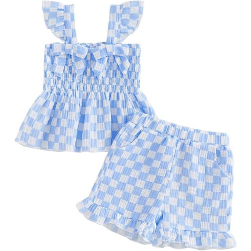 Toddler Baby Girl Outfit Summer Clothes Bow Print Bowknot Smocked Camisole Tank Top Ruffle Shorts Set
