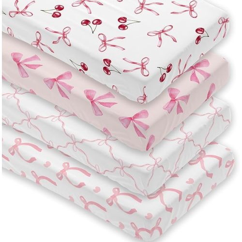 4 Pack Pink Bow Crib Sheet Set for Baby Girl, Soft Breathable Fitted Crib Sheet 28 x 52 in, Nursery Decor for Standard Crib and Toddler Bed Mattresses